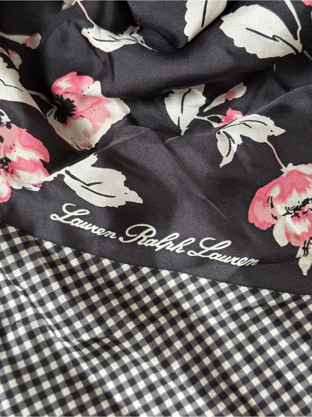 Lauren Ralph Lauren Black White Gingham Pink Floral Silk Square Scarf